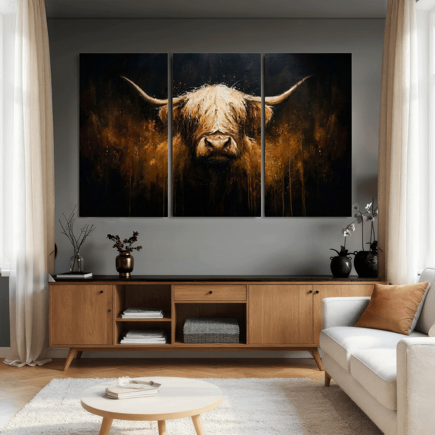79873059-MGV-CV-36X24 - Rustic Highland Cow Canvas Print Dark Farmhouse Cattle Wall Decor