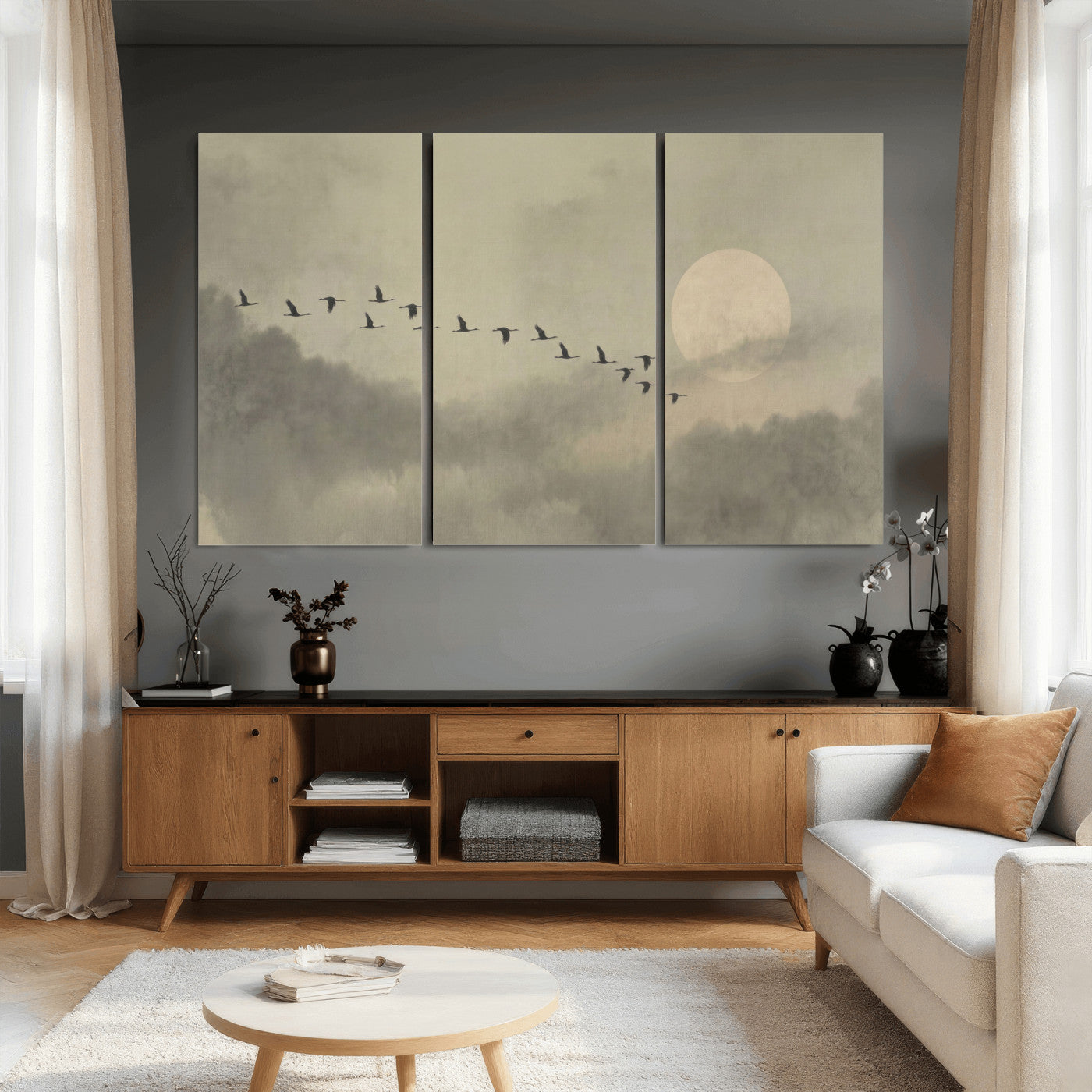 12098149-MGV-CV-36X24 - Flock of Birds Flying to Full Moon Wall Art Canvas Print - Vintage Surreal Clouds Painting