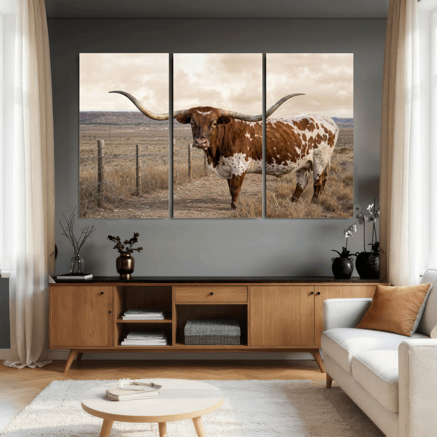 22808364-MGV-CV-36X24 - Texas Longhorn Cattle in Desert Pasture Wall Art Canvas Print - Rustic Western Decor