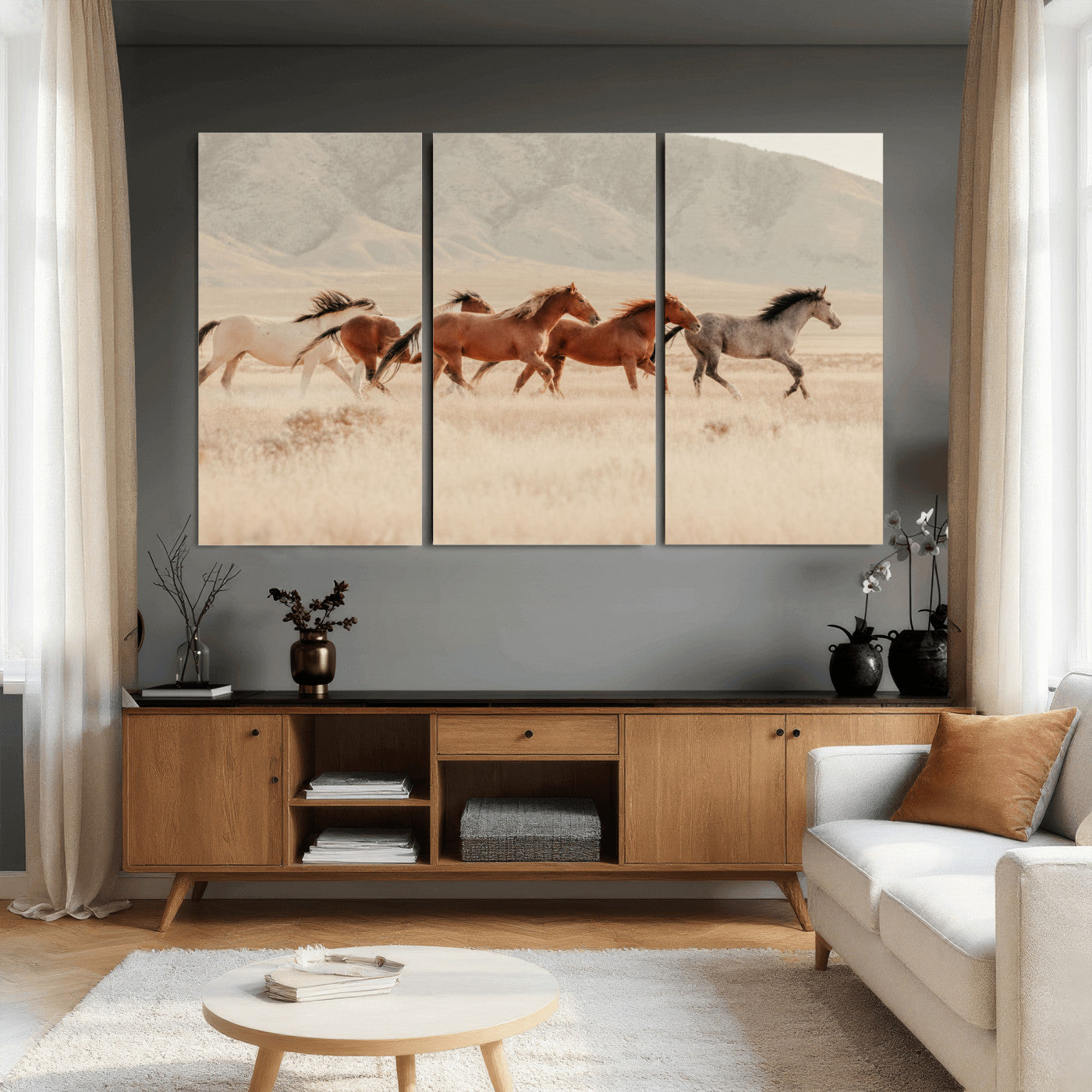 43348446-MGV-CV-36X24 - Herd of Wild Horses Running in Desert Mountain Wall Art Canvas Print - Boho Western Landscape