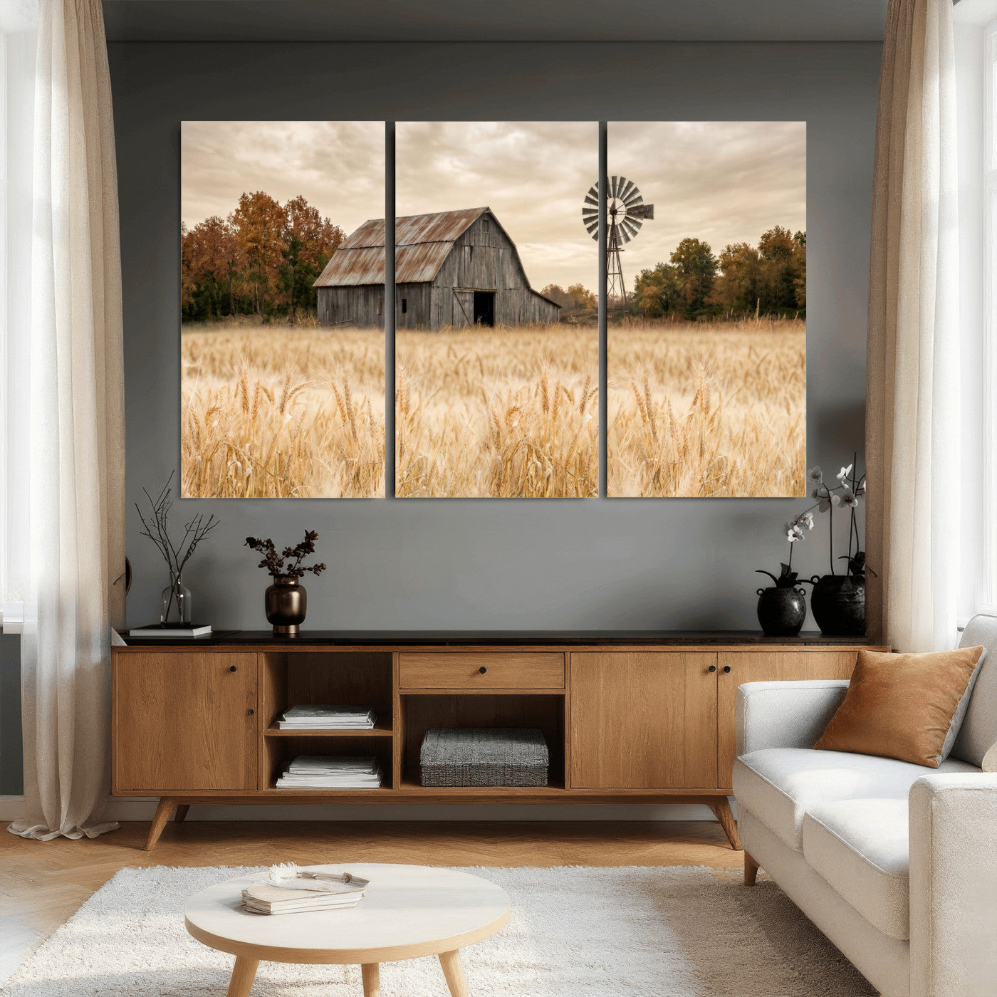 99640659-MGV-CV-36X24 - Rustic Farmhouse Barn and Windmill Wall Art Canvas Print, Country Landscape Photography Print