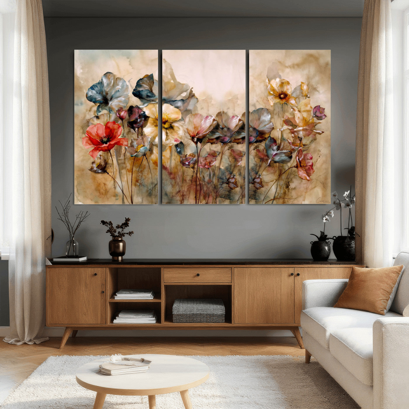 11407233-MGV-CV-36X24 - Vintage Dried Floral Meadow Wall Art Canvas Print, Translucent Watercolor Flowers Painting Print