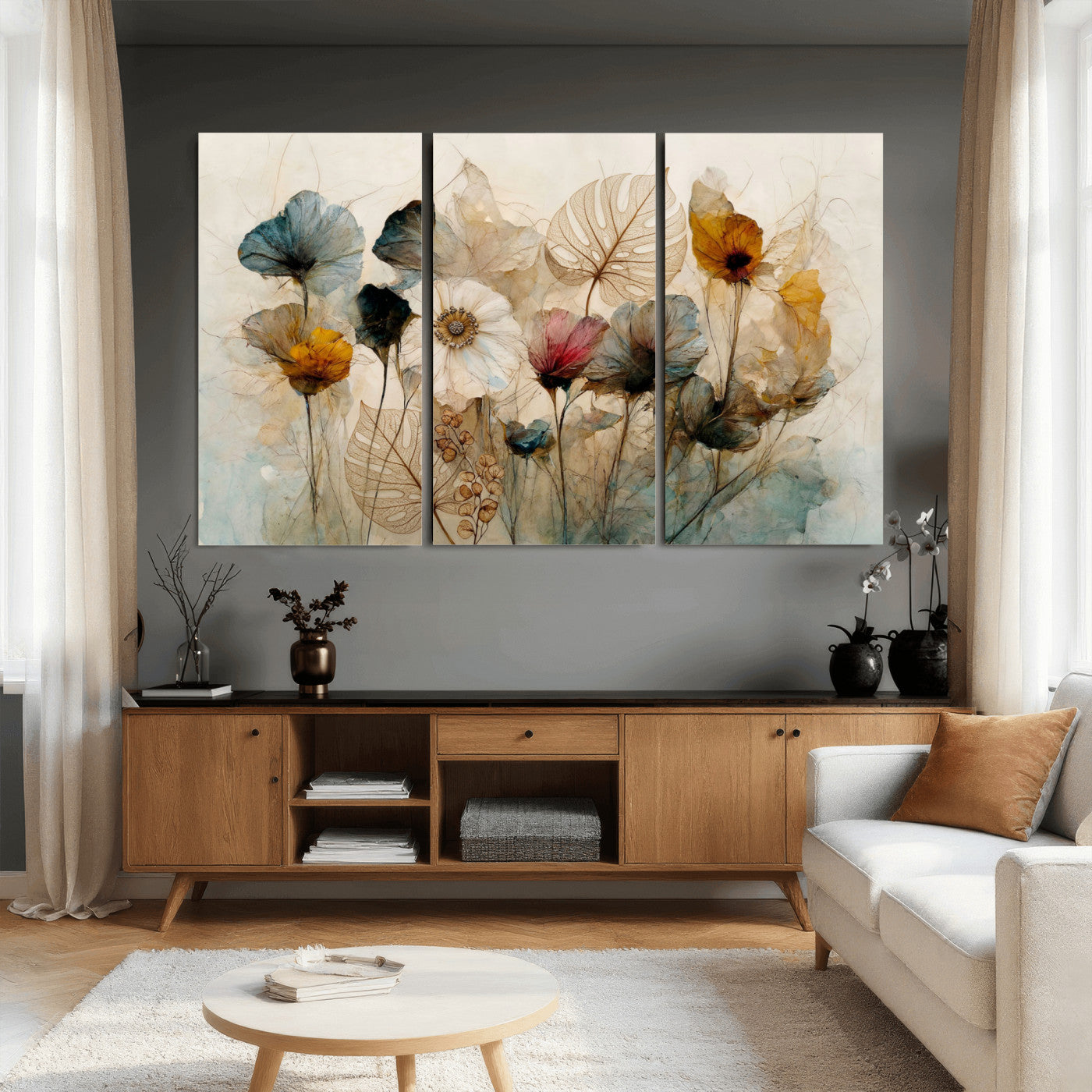 93171612-MGV-CV-36X24 - Vintage Dried Floral Meadow Wall Art Canvas Print, Translucent Watercolor Flowers Painting Print