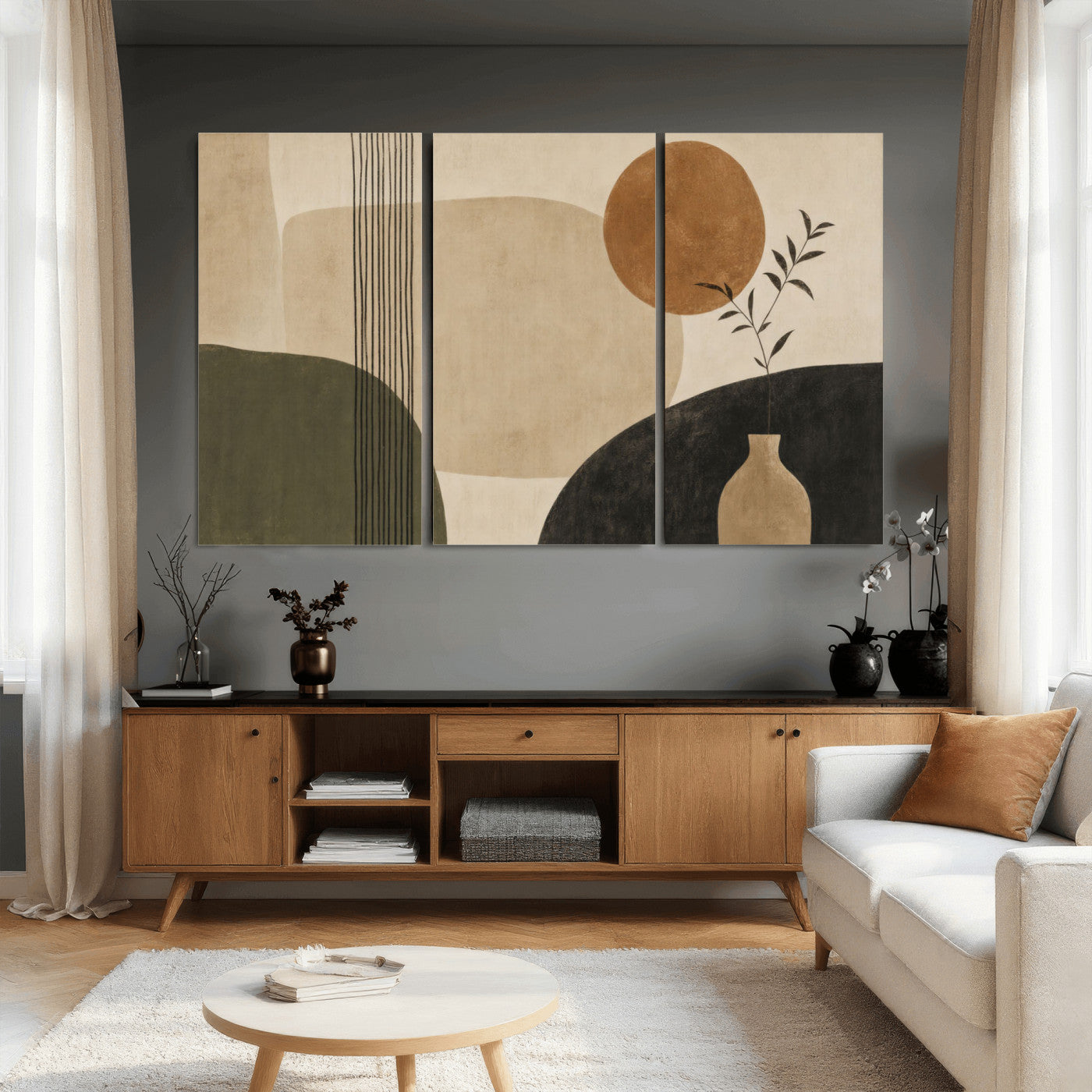 29113684-MGV-CV-36X24 - Japandi Minimalist Abstract Wall Art Canvas Print, Sage Green and Terracotta Sun Botanical Painting Print
