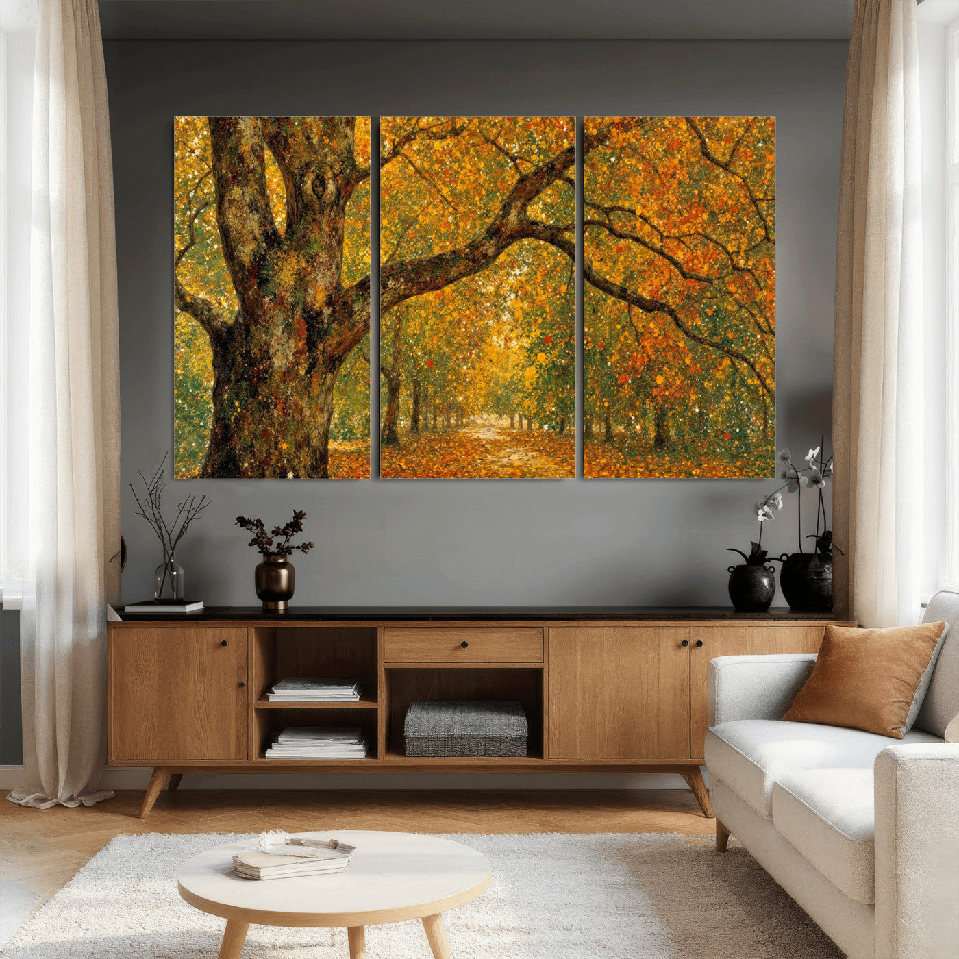11536138-MGV-CV-36X24 - Vintage Autumn Forest Path Wall Art Canvas Print, Golden Leaves Impressionist Painting Print
