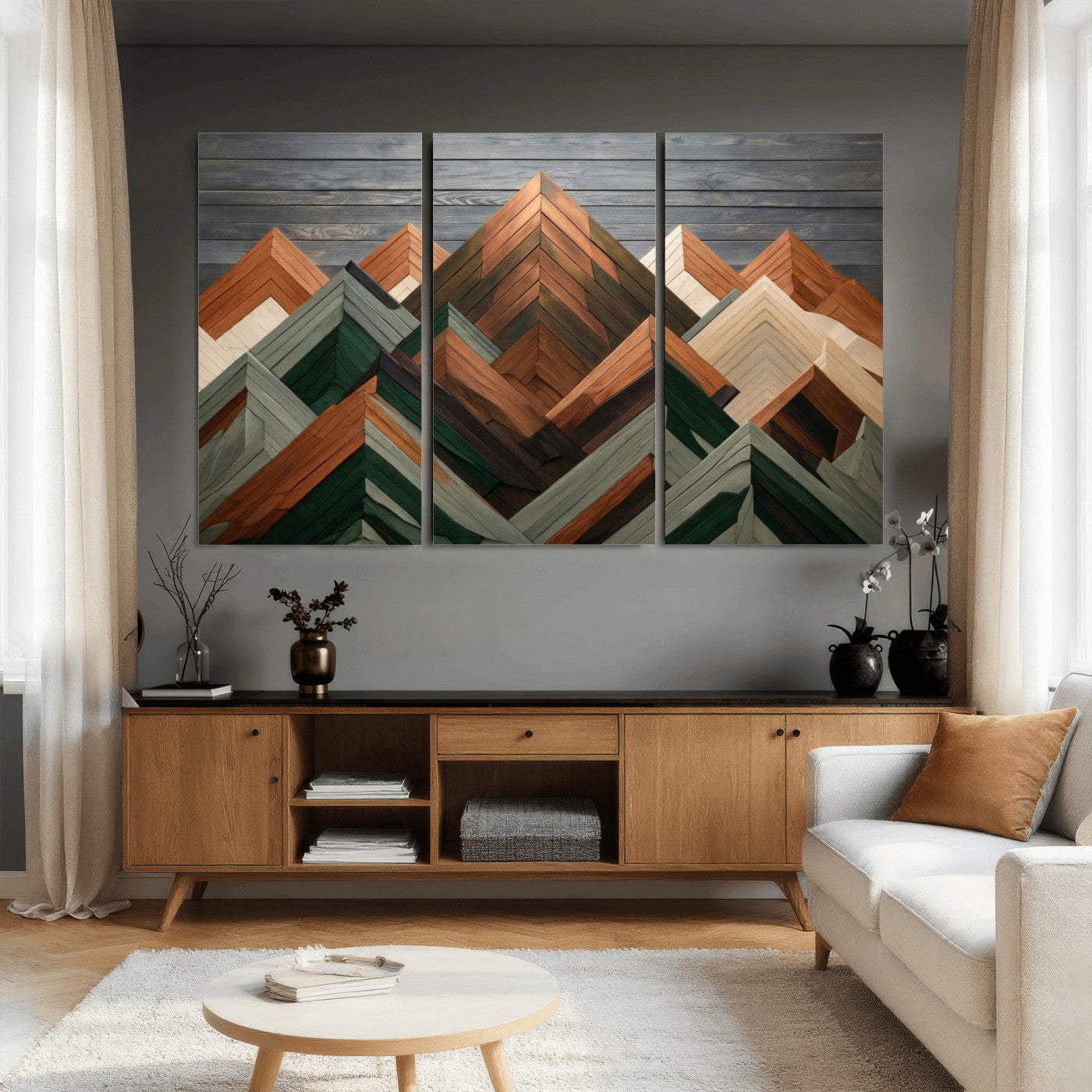 84617347-MGV-CV-36X24 - Geometric Wood Mountain Wall Art Canvas Print, 3D Look Rustic Mosaic Landscape Print