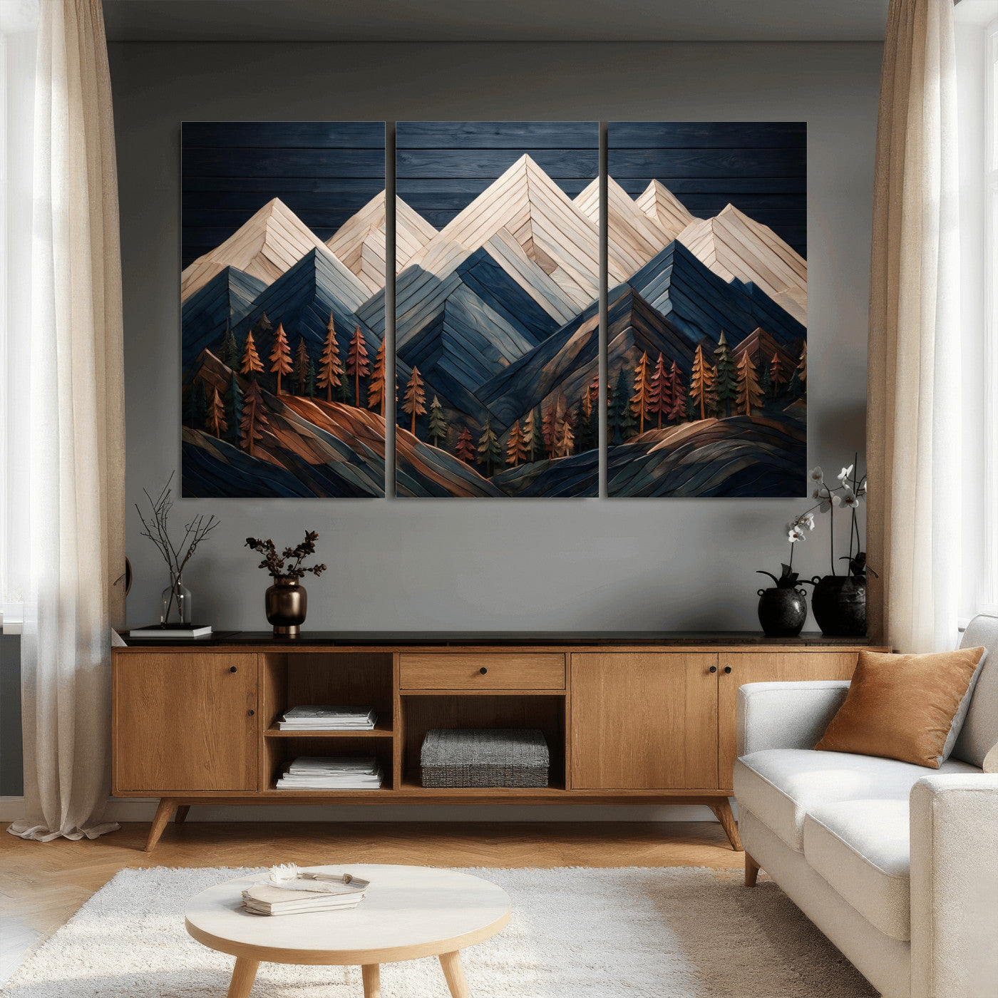 87765072-MGV-CV-36X24 - Geometric Wood Mountain Wall Art Canvas Print, 3D Look Rustic Mosaic Landscape Print