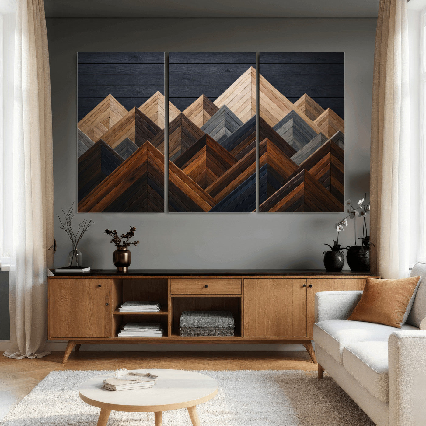 70531117-MGV-CV-36X24 - Geometric Wood Mountain Wall Art Canvas Print, 3D Look Rustic Mosaic Landscape Print
