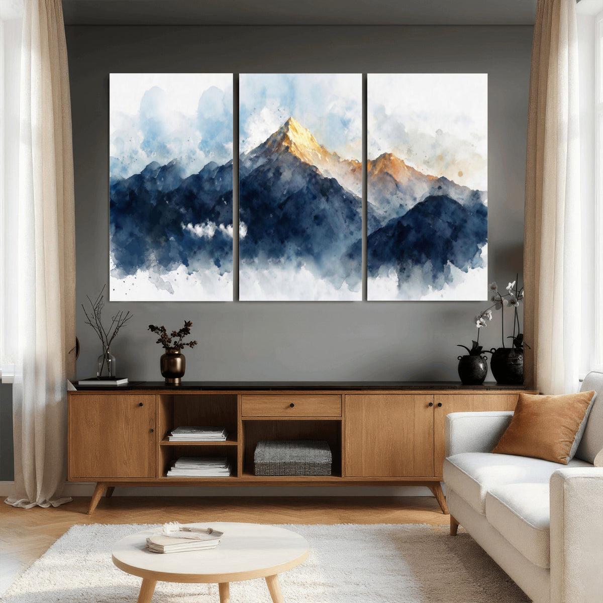 62076449DG1-MGV-CV-36X24 - Abstract Watercolor Mountain Lake Wall Art Print for Living Room Decor