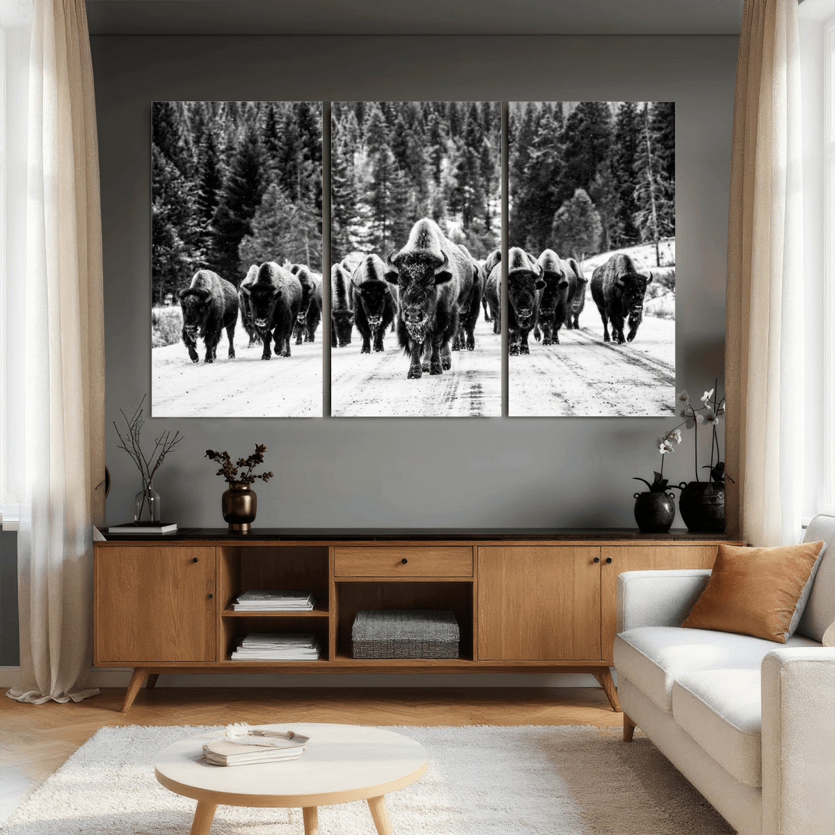 79337077-MGV-CV-36X24 - Black and White Bison Canvas Art, American Buffalo Print, Winter Wildlife Photography, Rustic Forest Wall Decor, Large Statement Nature Gift