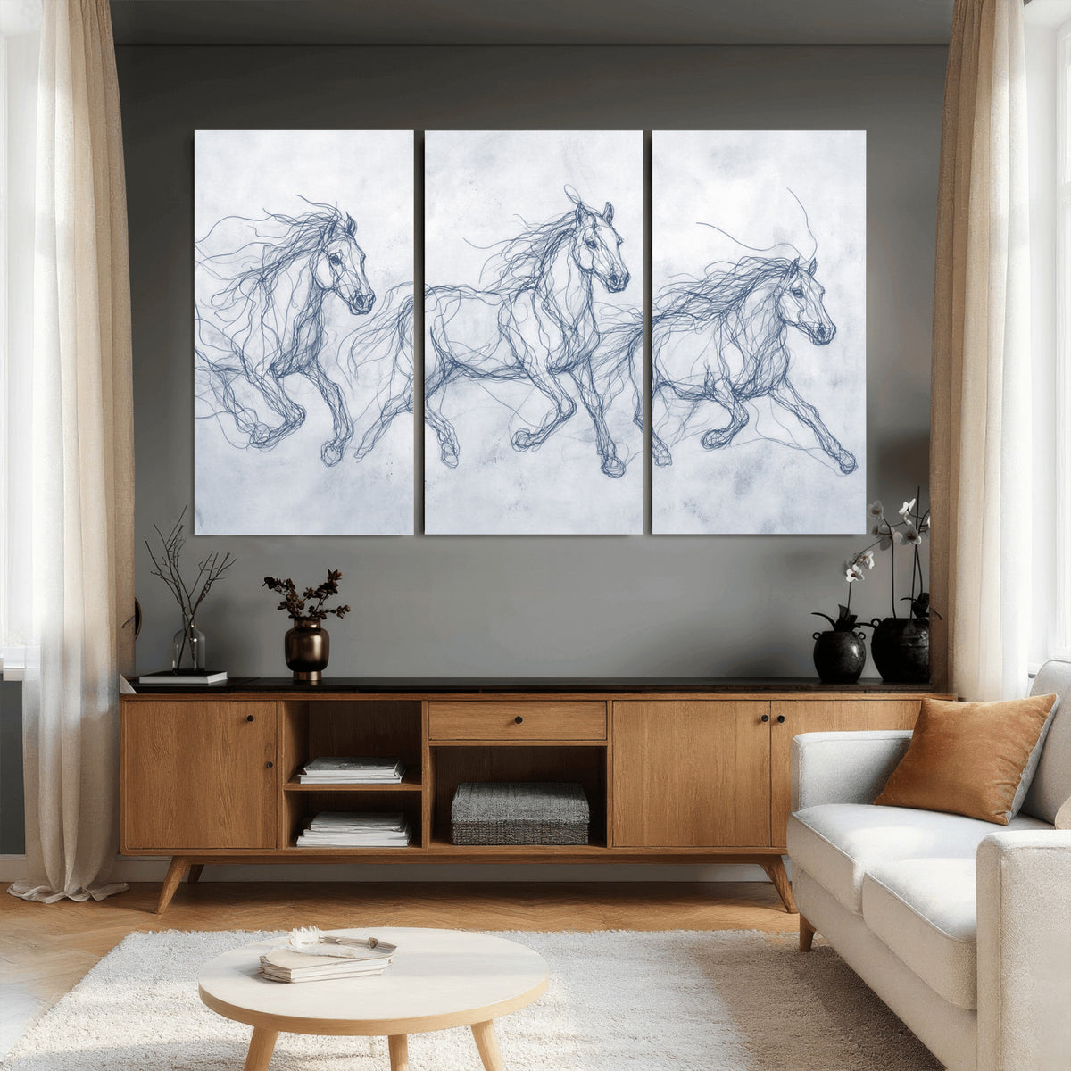 41163601-MGV-CV-36X24 - Indigo Blue Horse Line Art Canvas, Steel Grey Wild Horses Print, Abstract Navy Scribble Artwork, Modern Slate Equine Wall Decor, Coastal Ranch Gift