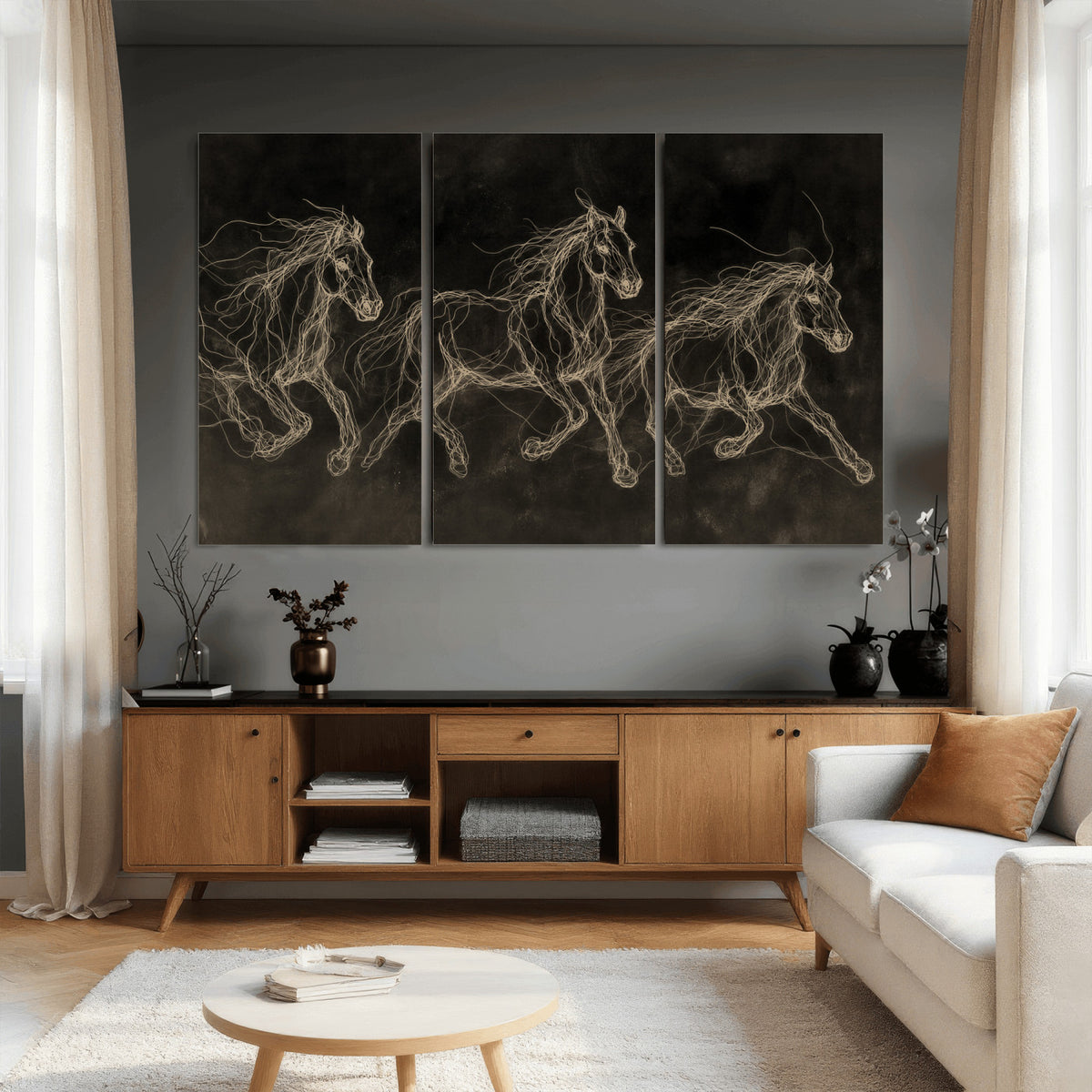 15344242-MGV-CV-36X24 - Dark Horse Line Art Canvas, Gold Scribble Wild Horses Print, Black Chalkboard Wall Art, Modern Luxury Equine Decor, Masculine Office Gift