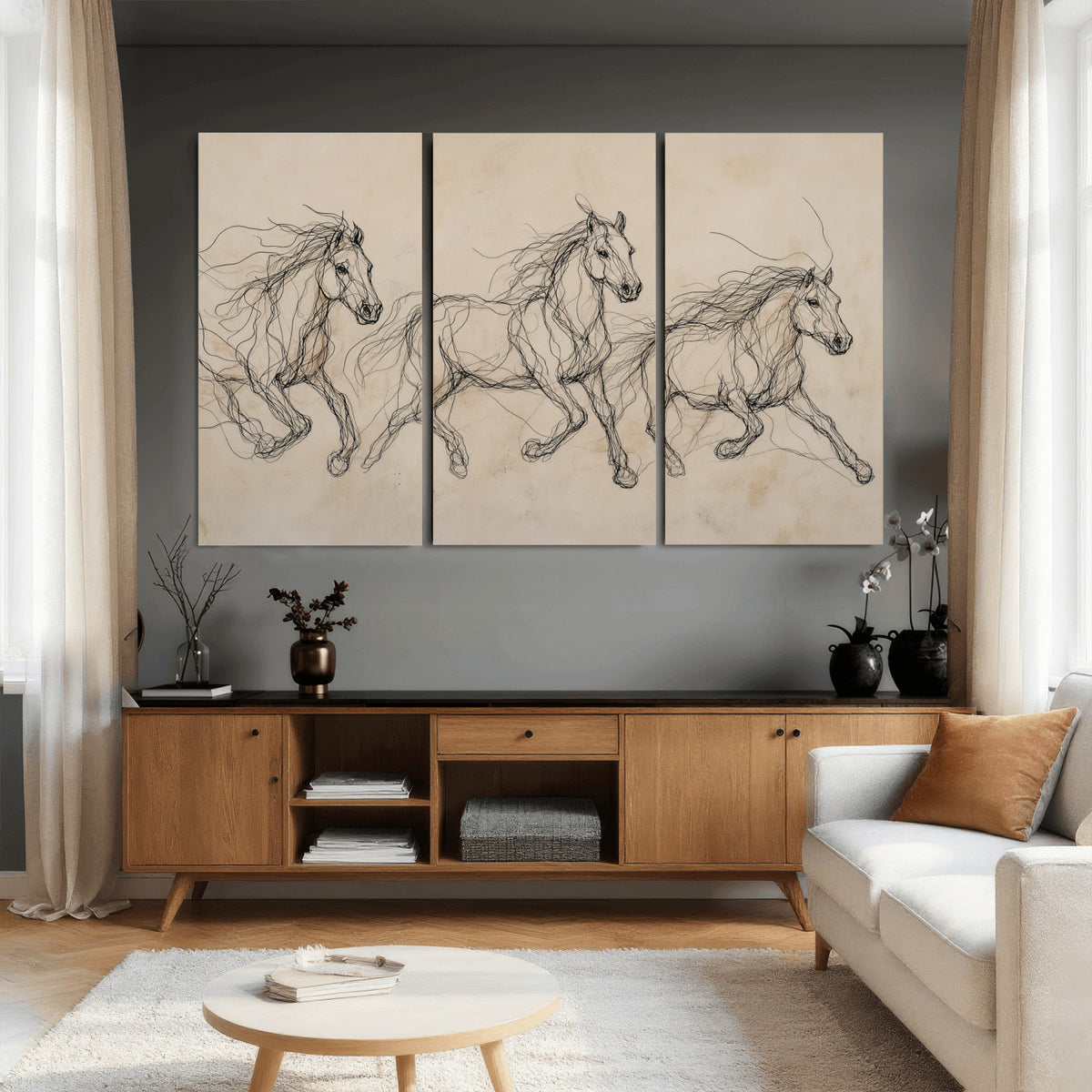 81051673-MGV-CV-36X24 - Abstract Horse Line Art Canvas, Gesture Sketch Wild Horses Print, Modern Scribble Artwork, Minimalist Equine Wall Decor, Rustic Studio Gift