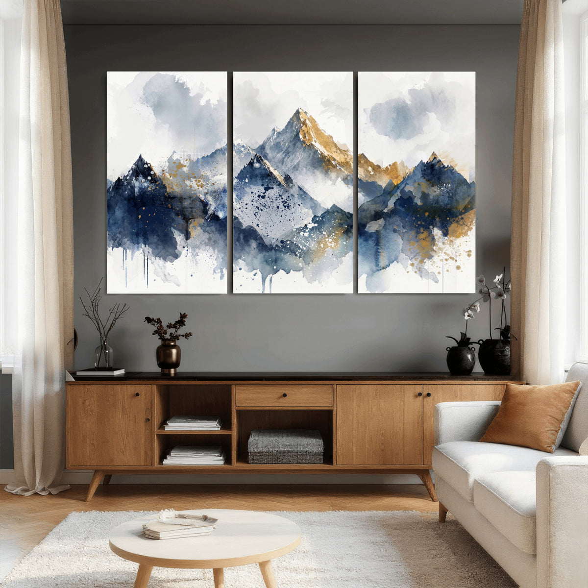 87460616-MGV-CV-36X24 - Abstract Mountain Canvas Wall Art, Blue Gold Foil Landscape Print, Modern Indigo Watercolor Poster, Large Abstract Nature, Luxury Office Gift