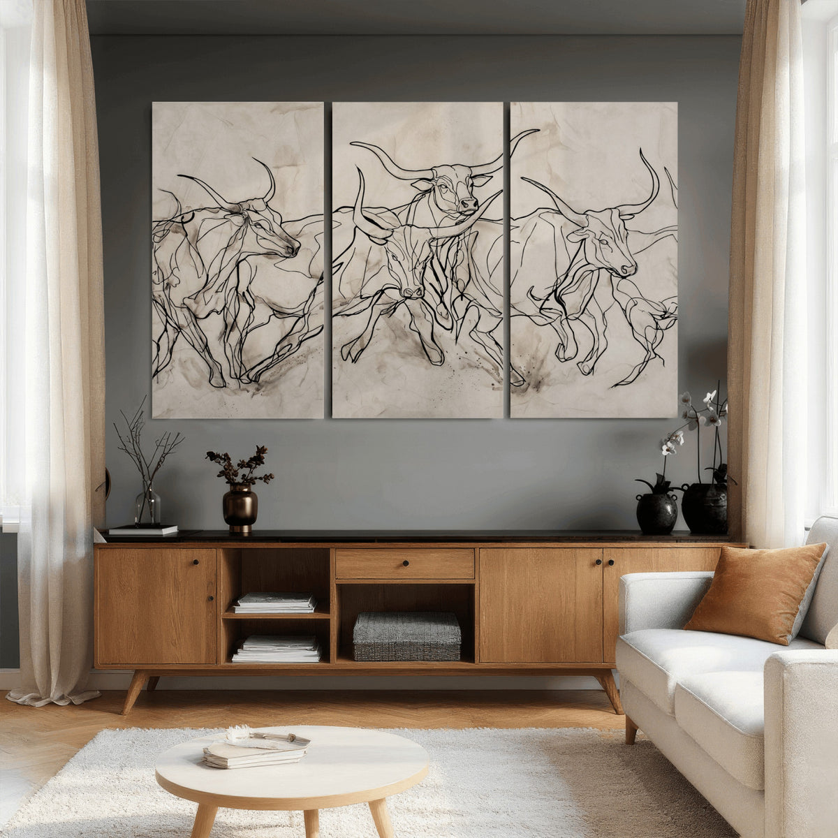 16671245-MGV-CV-36X24 - Minimalist Longhorn Line Art, Modern Texas Bull Canvas Print, Abstract Western Wall Decor, Continuous Line Artwork, Black White Ranch Gift