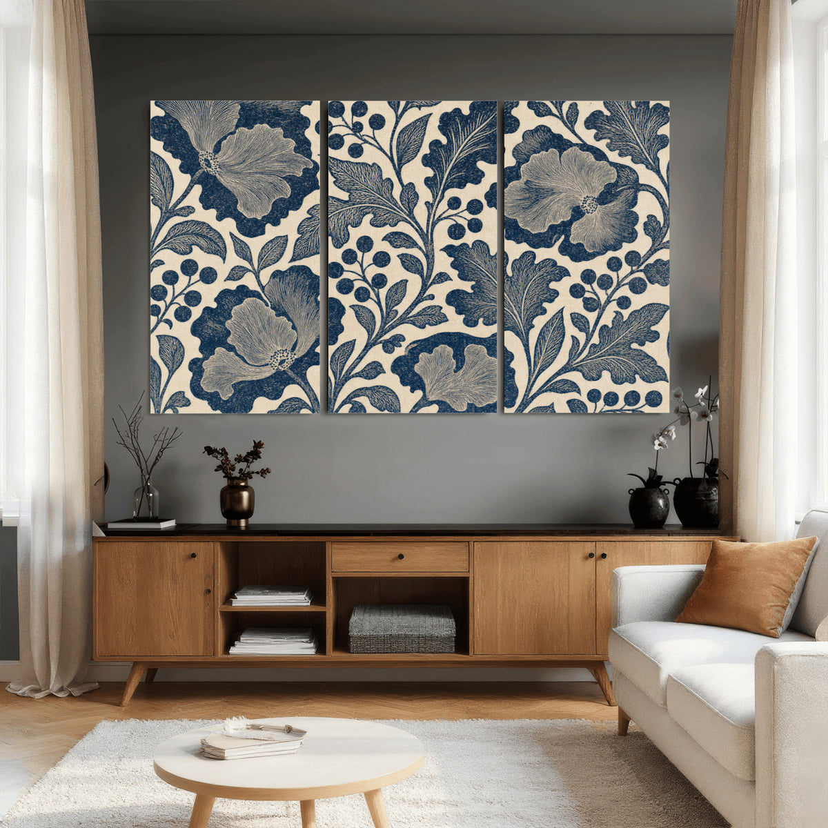 23824002-MGV-CV-36X24 - William Morris Style Navy Blue Floral Wall Art Canvas Print, Vintage Cream Botanical Painting Print