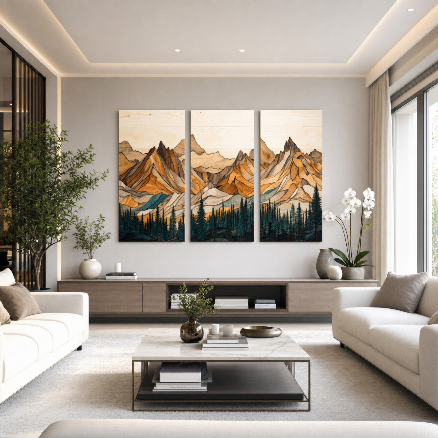 57384313-MGV-CV-48X32-3P - Mountain Landscape Canvas Wall Art with Wood Grain Effect, Golden Peaks and Teal Pine Forest, Framed Cabin Decor
