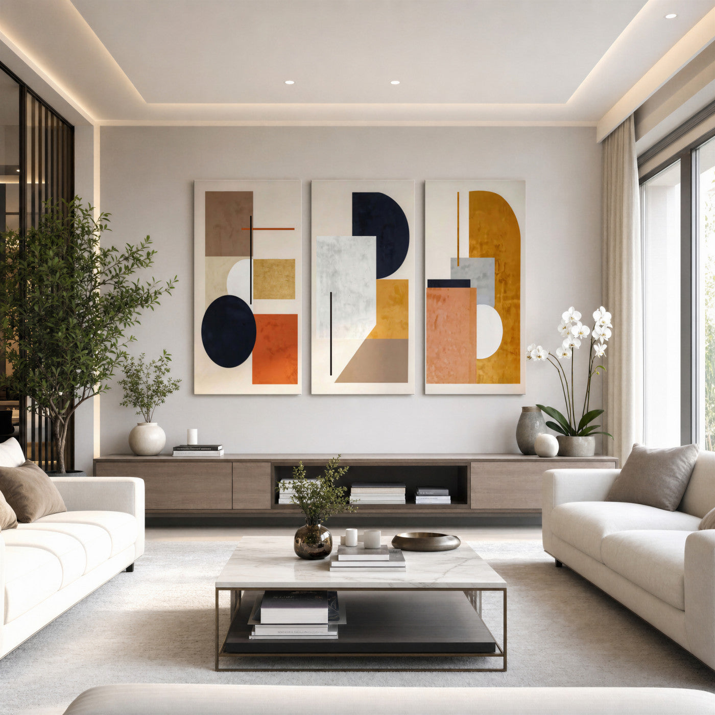 87361249-MGV-CV-48X32-3P - Mid Century Modern Geometric Canvas Wall Art, Abstract Triptych Print