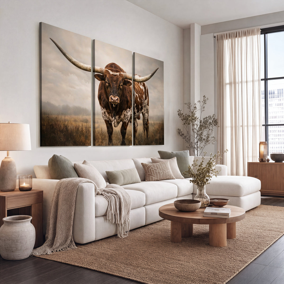 25239047A-MGV-CV-36X24 - Texas Longhorn Canvas Wall Art Western Bull Desert Moody Grey Overcast Rustic Farmhouse Framed Large for Living Room Bedroom Office Decor
