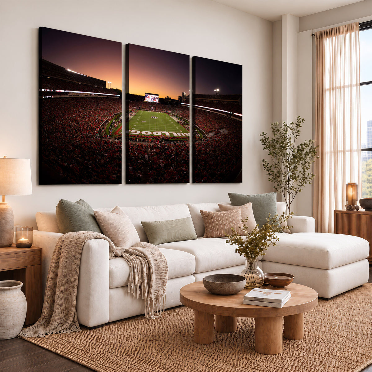 97720998-_Poster-30x20 - Georgia Bulldogs Stadium Sunset Canvas Print 3 Piece Framed Wall Art Extra Large Floating Frame Sports Poster Made in USA