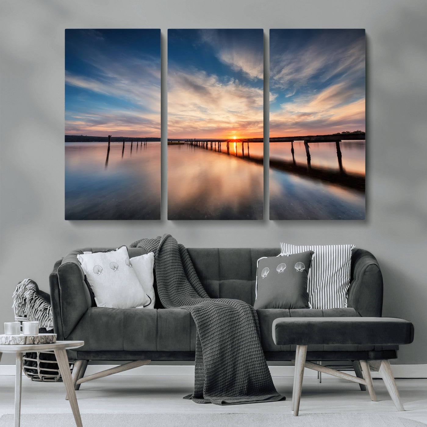 39967-MGV-CV-36X24-Wooden Pier on Seascape and Sunset Wall Art Canvas Print