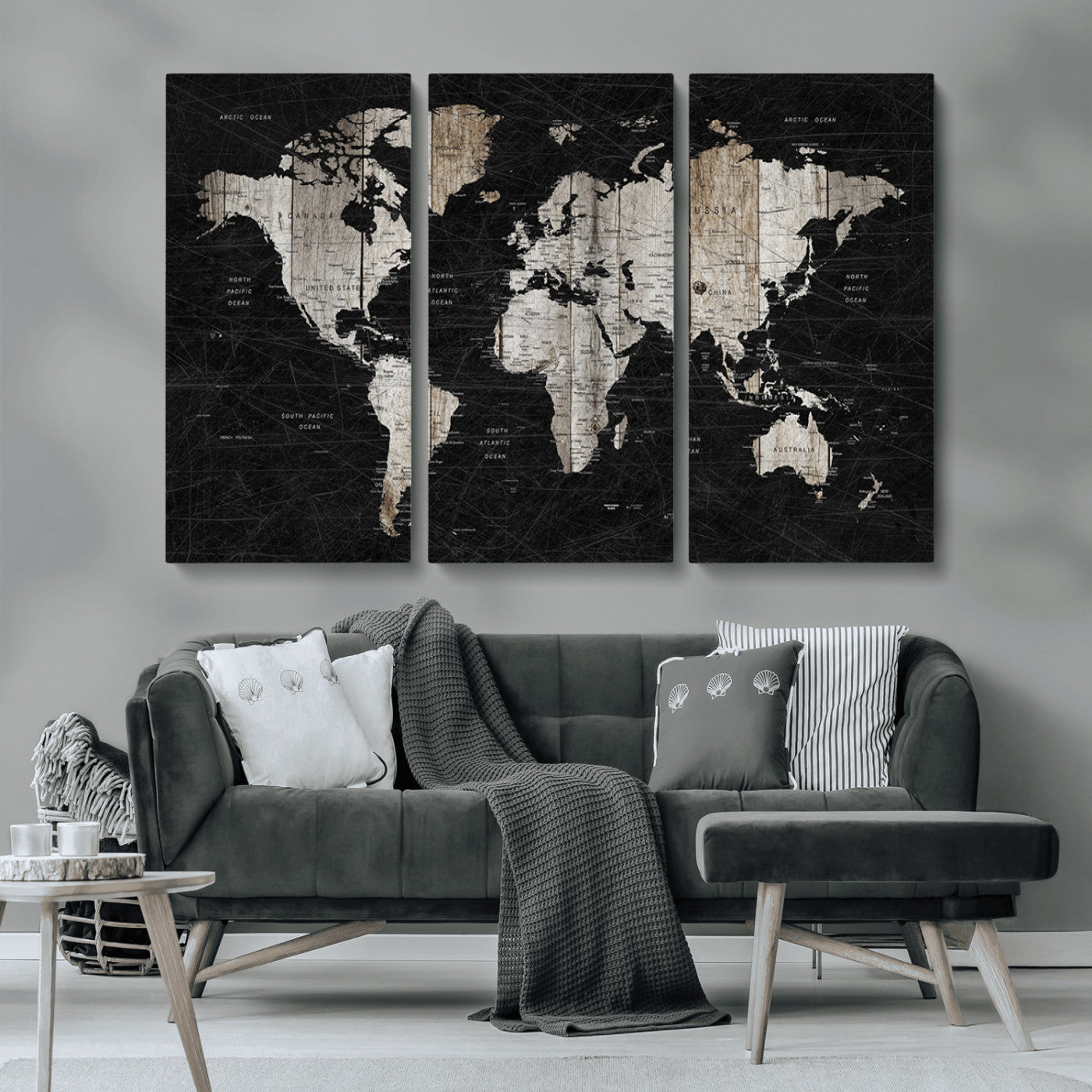 89998-MGV-CV-36X24-Rustic Black and Wood World Map Canvas Wall Art – Framed Push Pin Travel Map for Home and Office Decor, Modern Vintage Wall Artwork