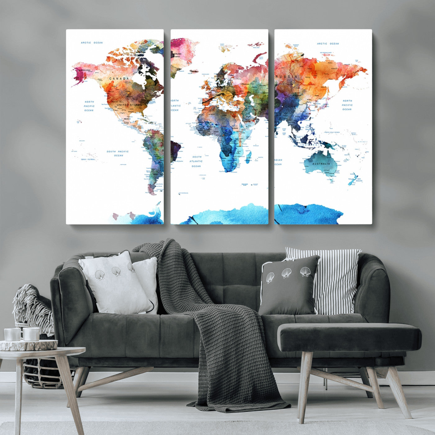 11576-MGV-CV-36X24-Vibrant Watercolor World Map Canvas Wall Art – Framed Push Pin Travel Map for Home and Office Decor, Modern Colorful Wall Artwork