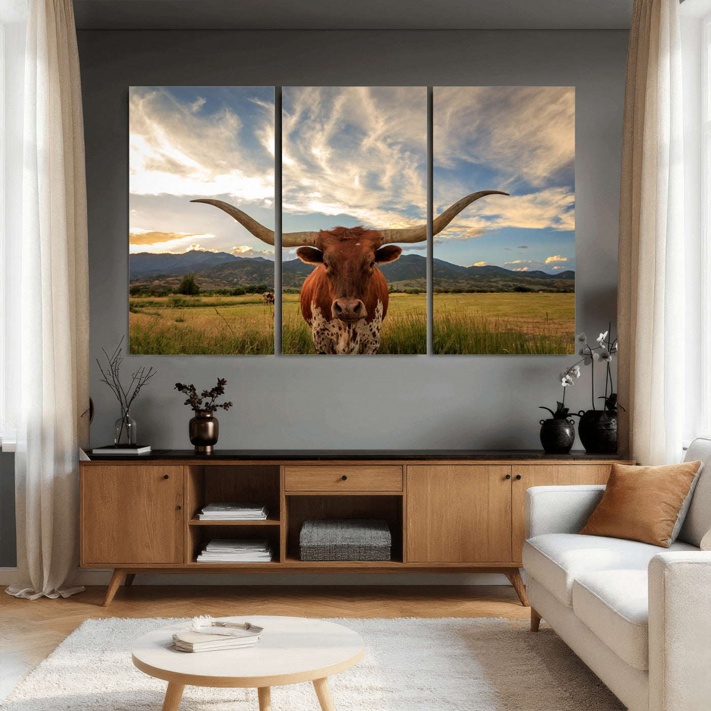 55416-MGV-CV-36X24 - Texas Longhorn Canvas Wall Art – Majestic Triptych Animal Print – Rustic Western Decor for Living Room