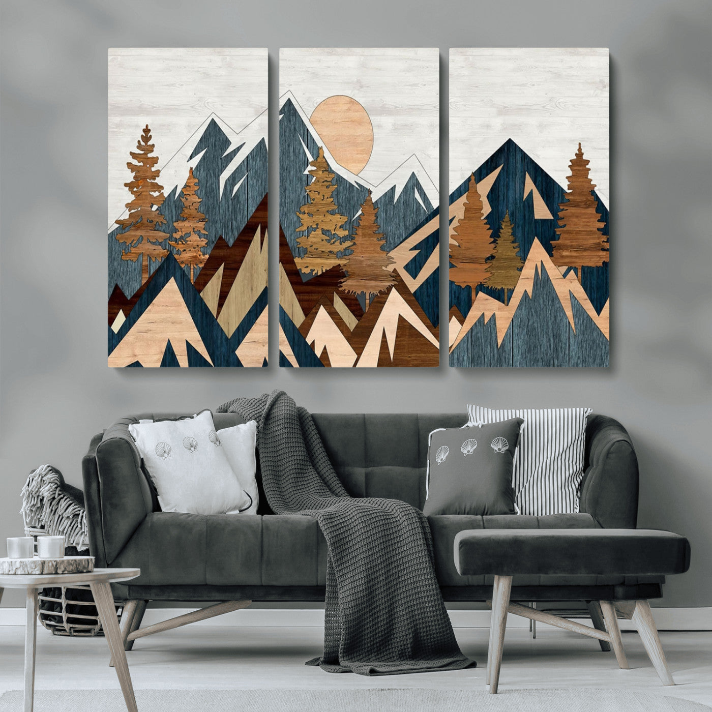 91467-MGV-CV-36X24-Abstract Wood Panel Effect Mountain Range Top Wall Art Canvas Print