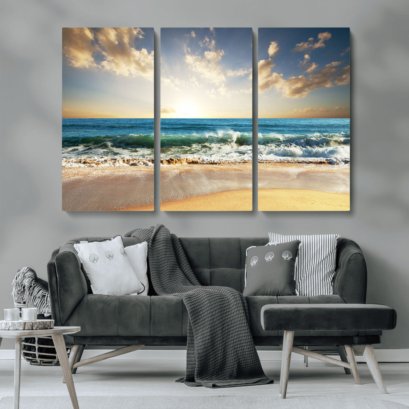 83376-MGV-CV-36X24-Golden Sunset Beach Triptych Canvas Wall Art for Living Room – 3-Panel Ocean View, Framed & Ready to