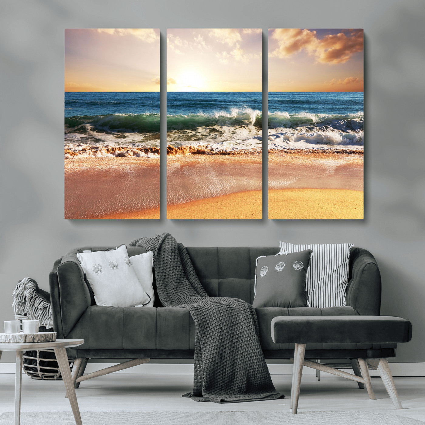 42011-MGV-CV-36X24-Sunset Beach Wall Art - 3-Panel Framed Canvas Print, Ready to Hang Ocean Sunset for Coastal and