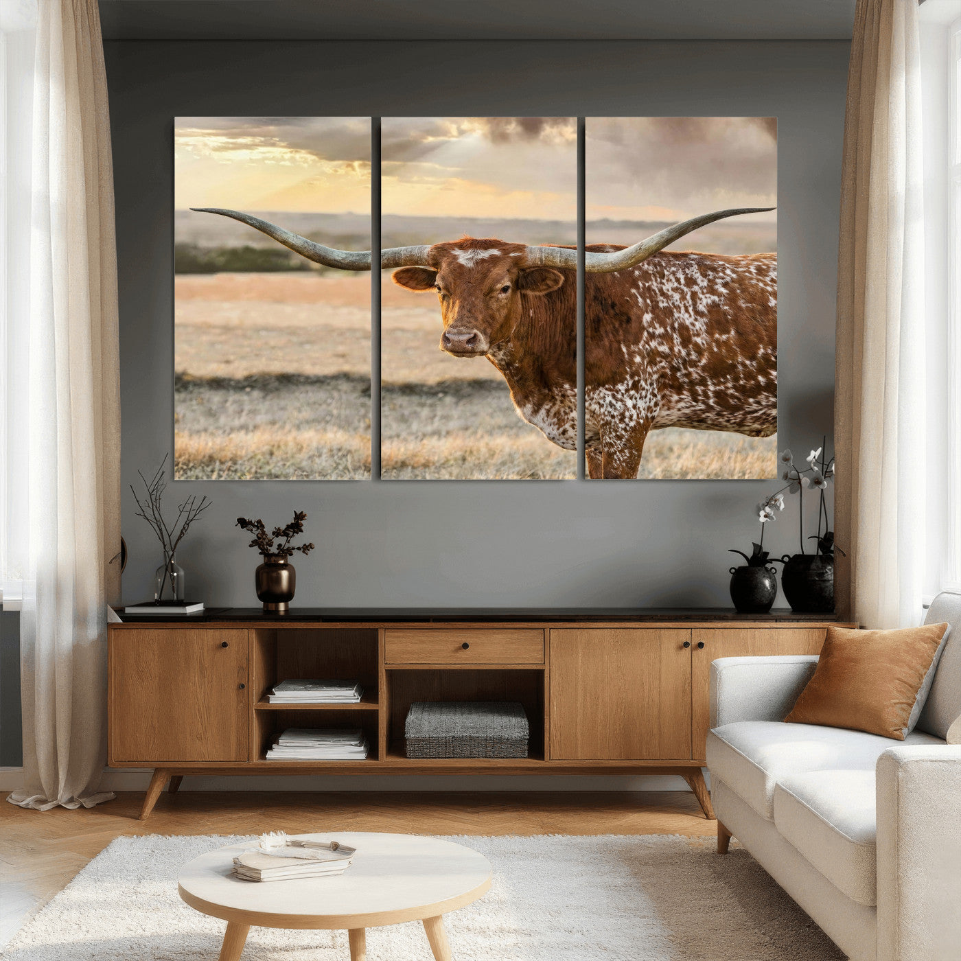 42715-MGV-CV-36X24 - Texas Longhorn Wall Art Canvas Print, Rustic Ranch Decor, Majestic Western Longhorn Cattle