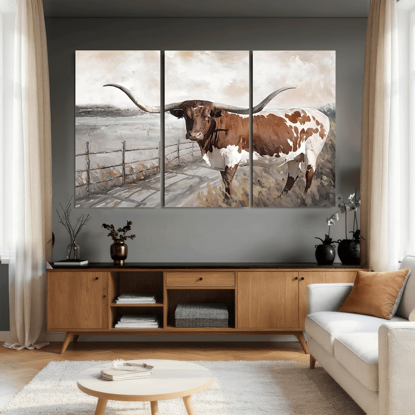 57340-MGV-CV-36X24 - Vintage Texas Cow Wall Art Canvas Print, Rustic Longhorn Wall Art | Canvas Print for Farmhouse Decor