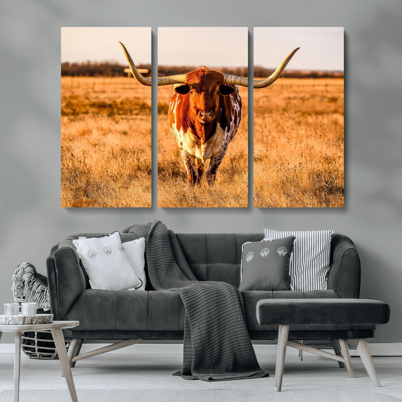 -Longhorn Cow Wall Art | Ready to Hang Framed Canvas Print for Farmhouse and Barn Decor