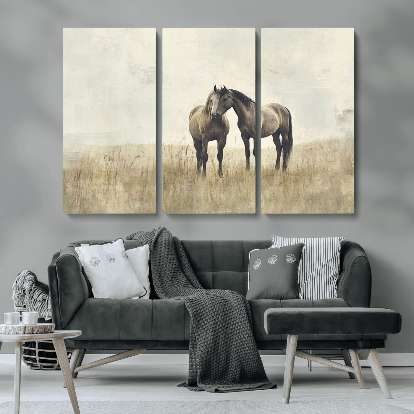 -Chines Style Grunge Horses Wall Art Canvas Print