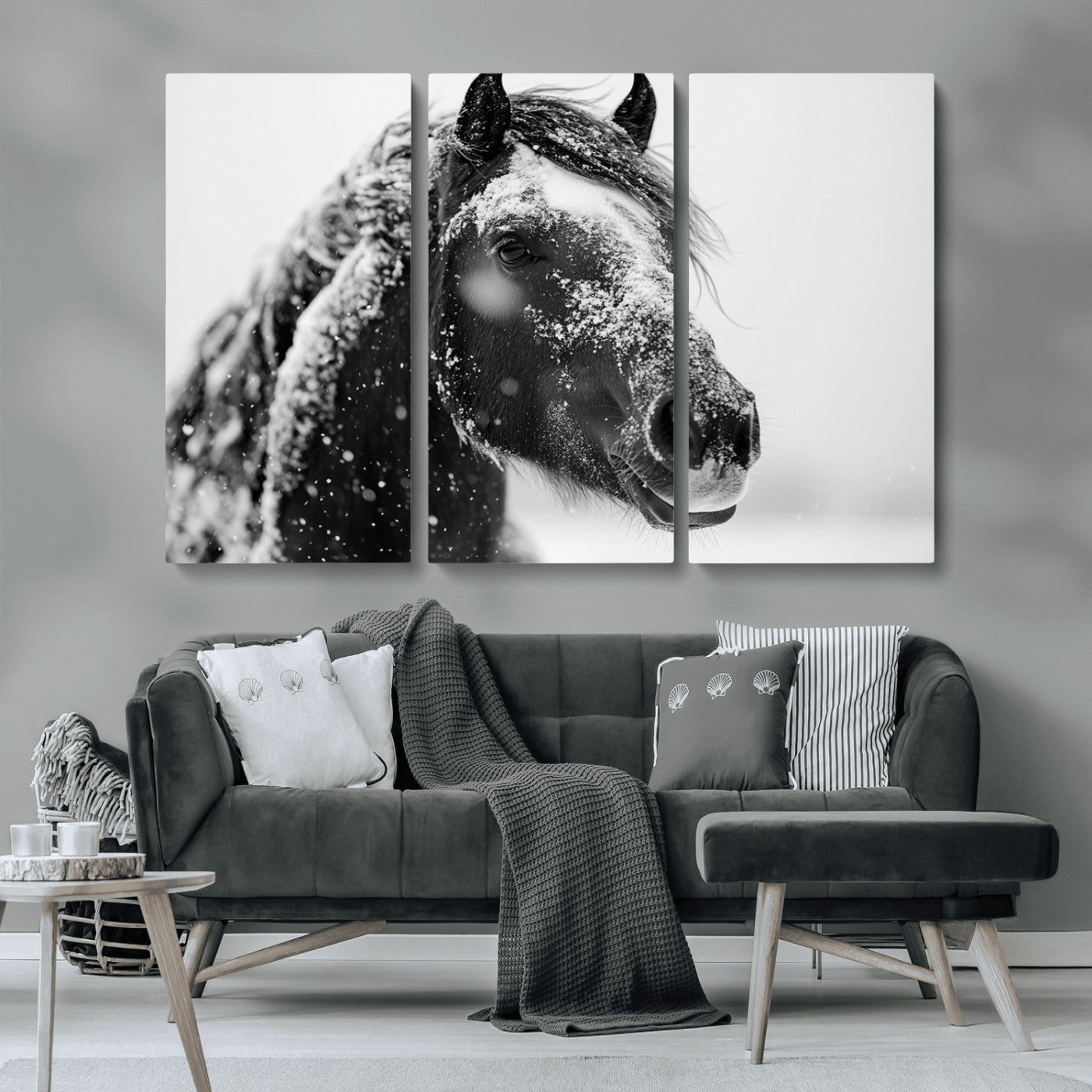 -Winter Horse Canvas Print | Large 3-Panel Black White Equine Photography for Rustic Farmhouse Wall