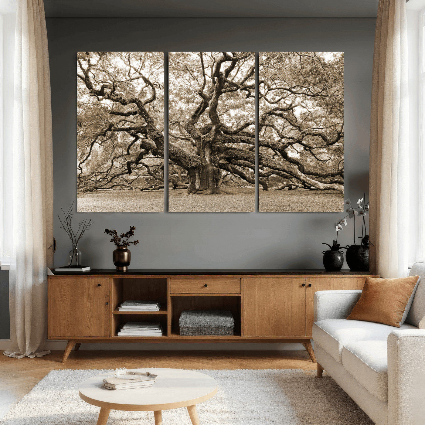51126-MGV-CV-36X24 - Sepia Framed Angel Oak Tree Wall Art - 3-Panel Canvas Prints, Large Green Nature Artwork, Ready to