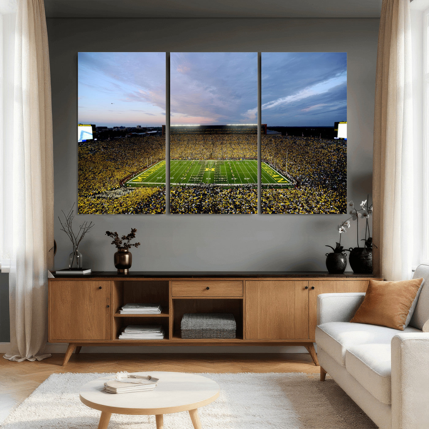 82641-MGV-CV-36X24 - Michigan Stadium Wall Art Canvas Print, Vibrant Game Day Crowd and Sunset Sky Football Field Artwork for Home, Office