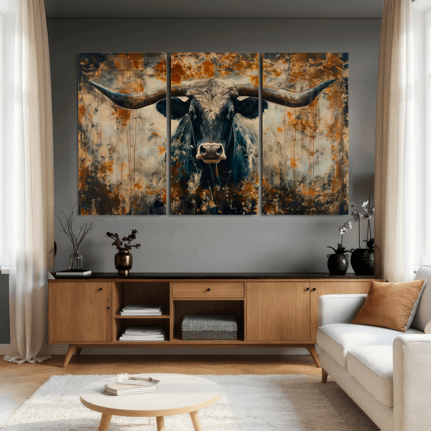 85913-MGV-CV-36X24 - Abstract Longhorn Bull Wall Art | Rustic Western Wall Decor | Framed and Ready to Hang | Ideal for