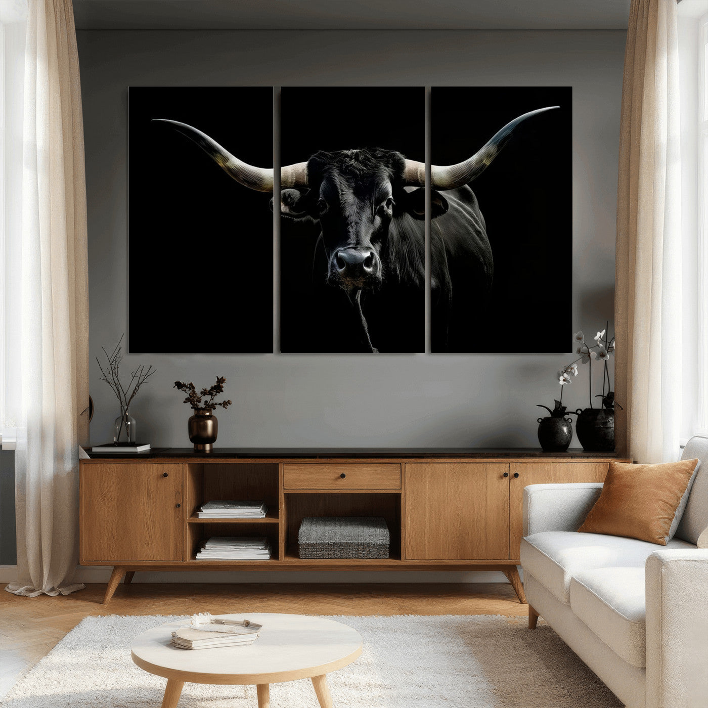 20679-MGV-CV-36X24 - Texas Black Longhorn Bull Wall Art Canvas Print - Western Texas Cattle Rustic Decor Print - Longhorn