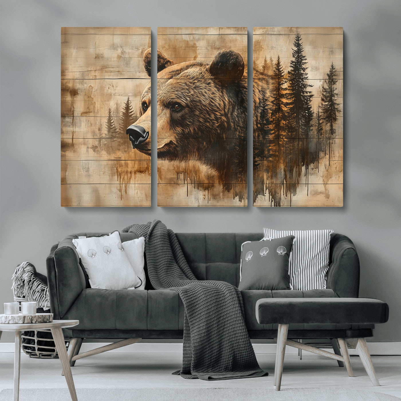 -Rustic Grizzly Bear Wall Art, Abstract Grizzly 399 Bear Wall Art Canvas Print - Woodland Wildlife