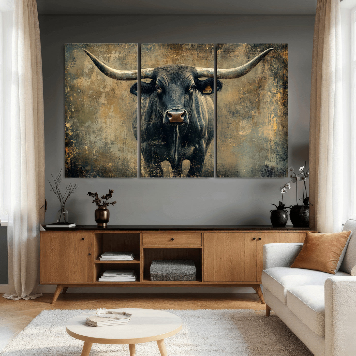 57385-MGV-CV-36X24 - Longhorn Bull Wall Art Canvas Print, Framed Rustic Cow Art Picture Print, Texas Longhorn Perfect Western Decor Artwork