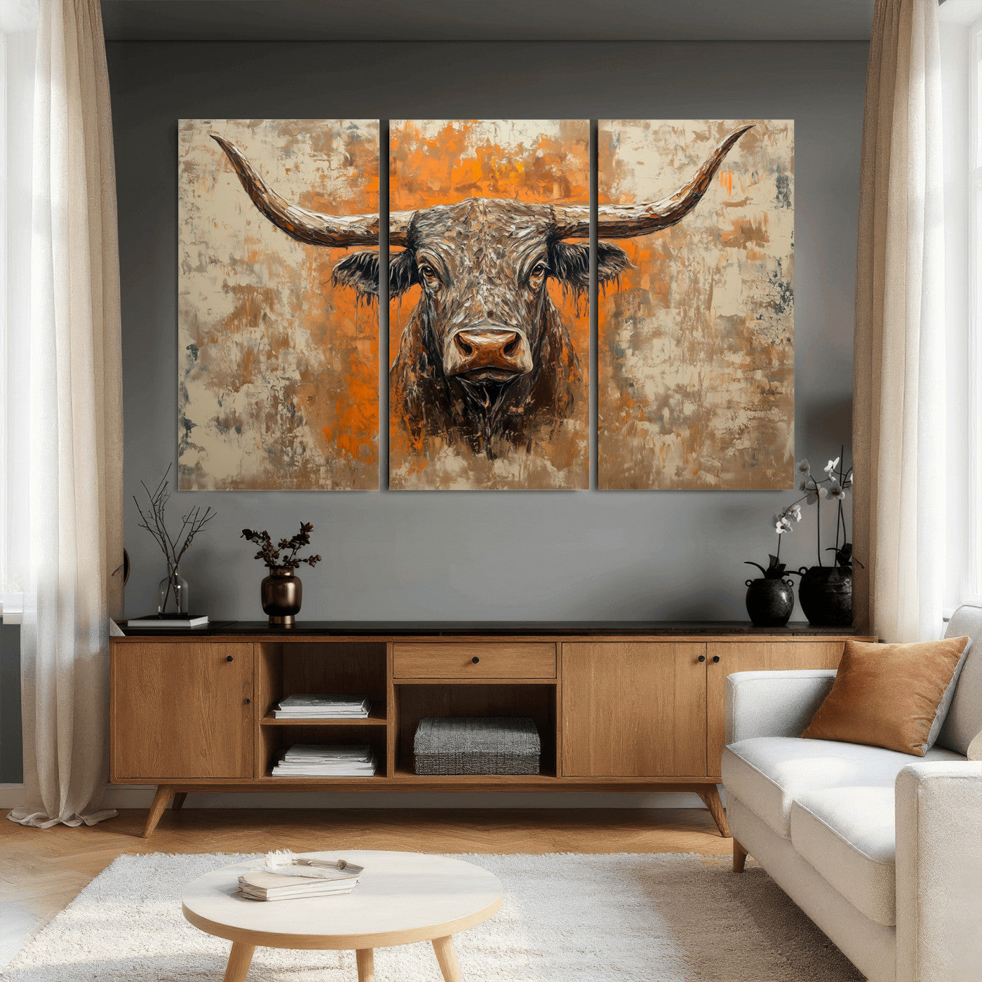 49976-MGV-CV-36X24 - Abstract Cow Longhorn Bull Wall Art Canvas Print - Rustic Texas Western Cattle Artwork