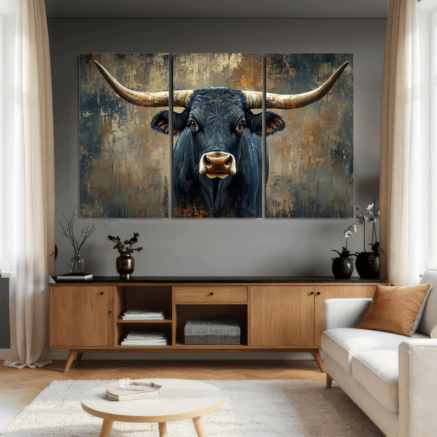 42026-MGV-CV-36X24 - Texas Western Wall Art Canvas Print - Abstract Cow Longhorn Bull Wall Art Canvas Print - Rustic Cow