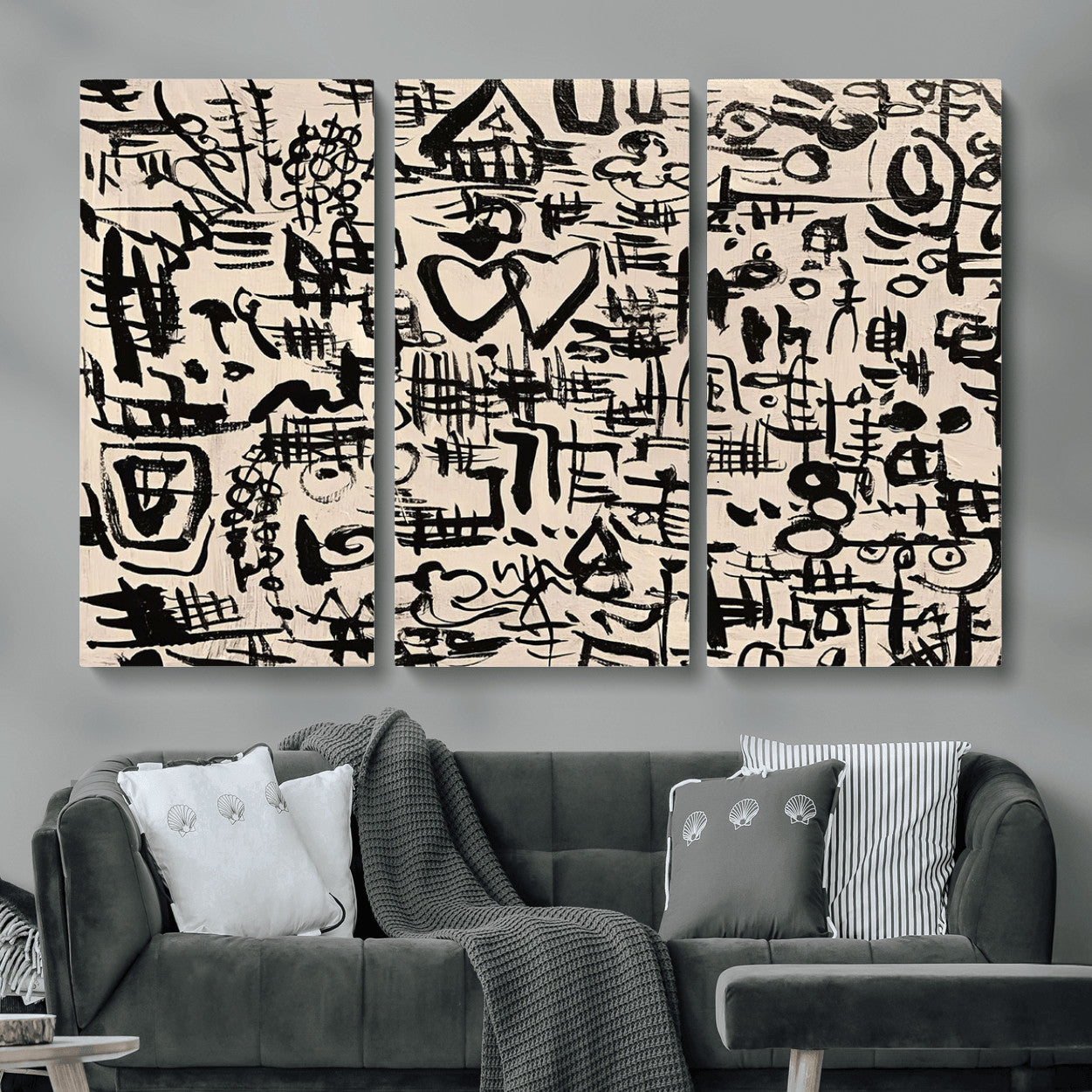 68273-MGV-CV-48X32-3P - Abstract Love and Chaos Canvas Print, Black Symbols on Beige
