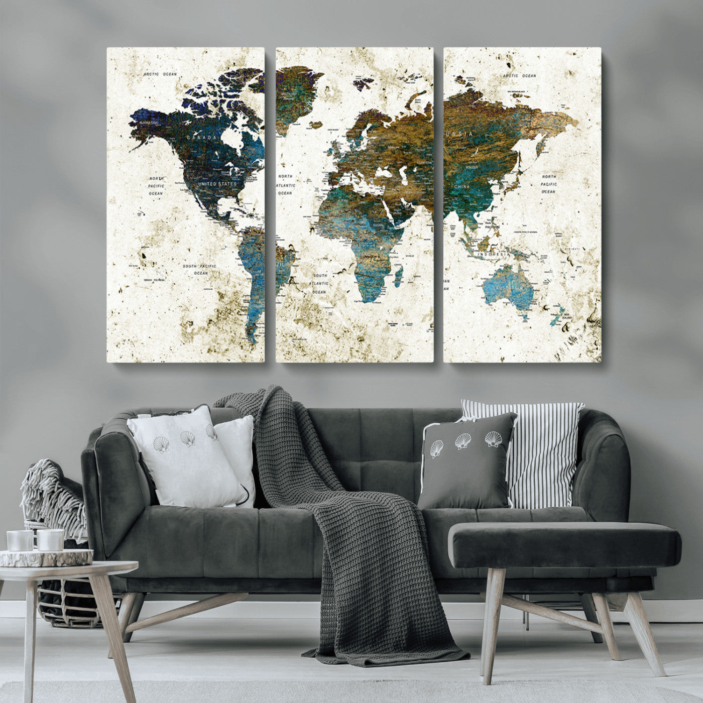 89176-MGV-CV-36X24-Vintage Blue and Brown World Map Canvas Wall Art – Framed Rustic Map Print, Earth Tone Travel Decor for Stylish Home and Office Walls