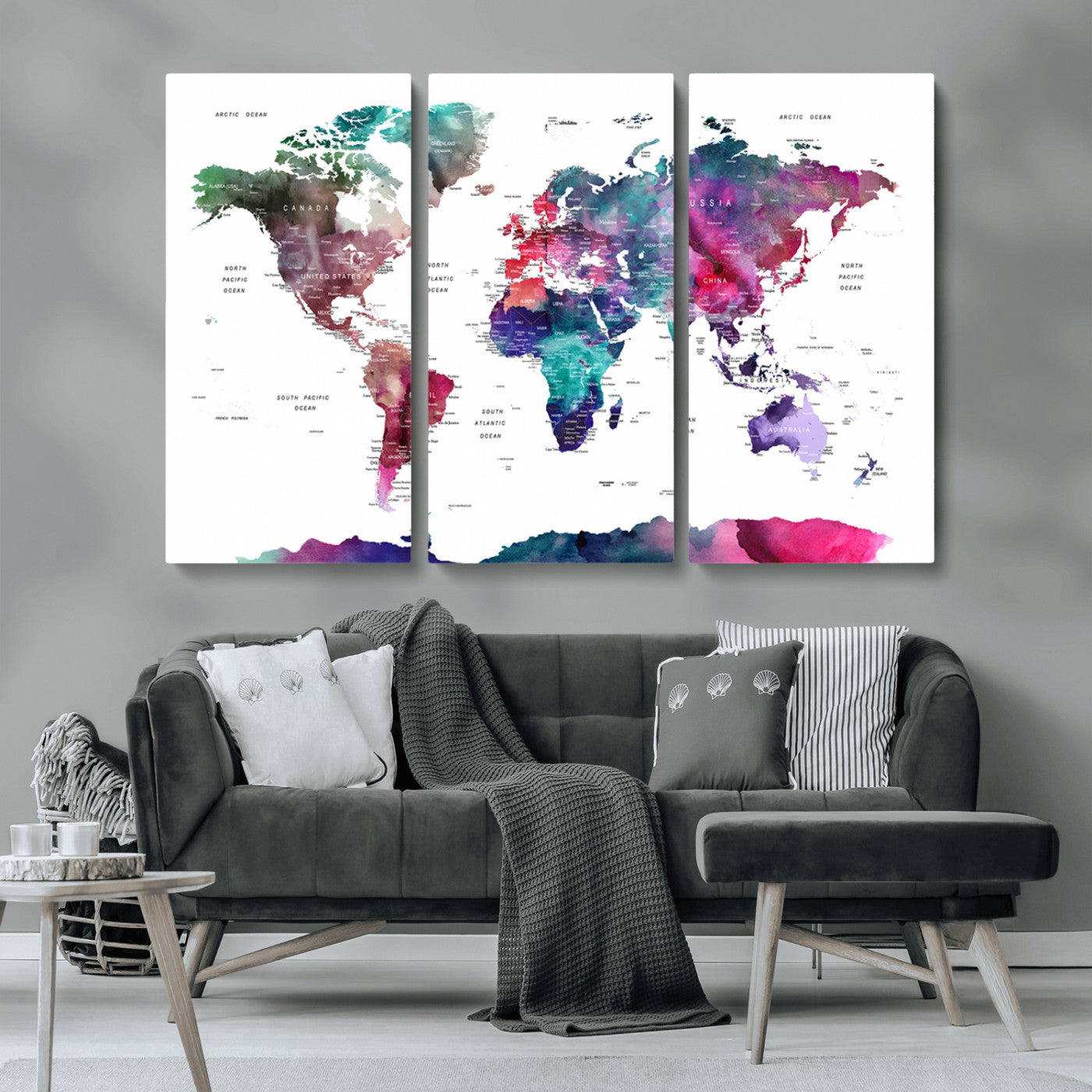 78176-MGV-CV-36X24-Colorful Watercolor World Map Canvas Wall Art – Framed Modern Map Print, Vibrant Travel Inspired Artwork for Home and Office Decor