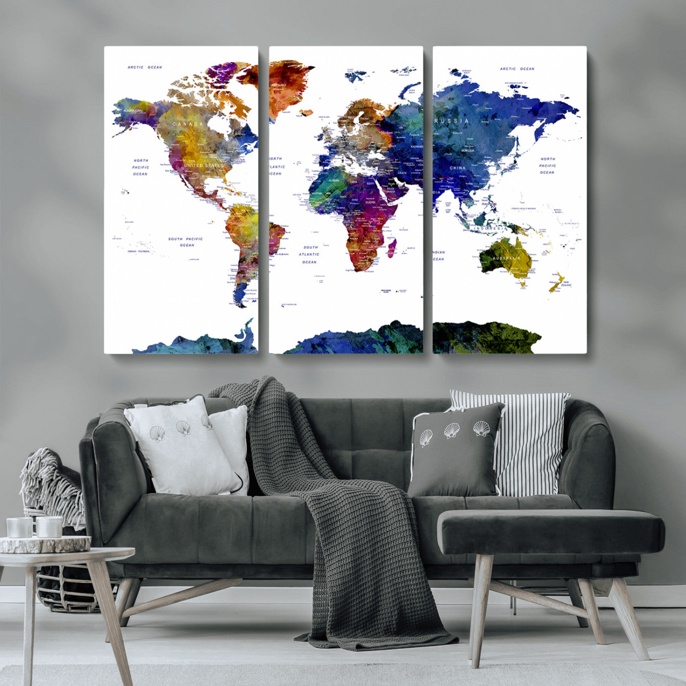90446-MGV-CV-36X24-Colorful Watercolor World Map Canvas Wall Art – Framed Modern Push Pin Travel Map for Home and Office Decor