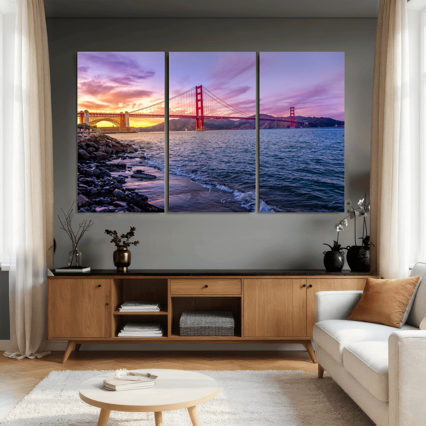 24256-MGV-CV-36X24 - Golden Gate Bridge Wall Art Print, San Francisco Sunset Canvas Wall Art, Cityscape Canvas Print for