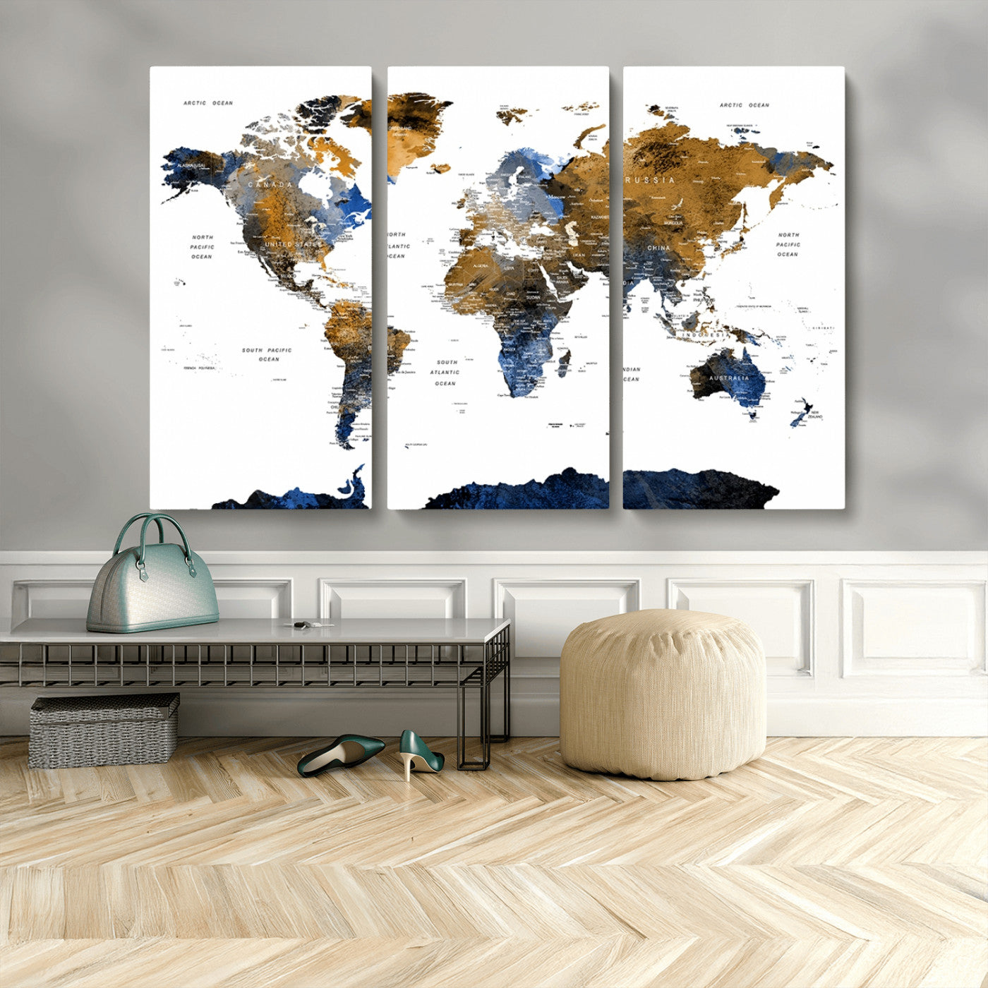 56231-MGV-CV-36X24-Navy and Gold World Map Canvas Wall Art – Framed Modern World Map Print, Elegant Travel Inspired Artwork for Home and Office Decor